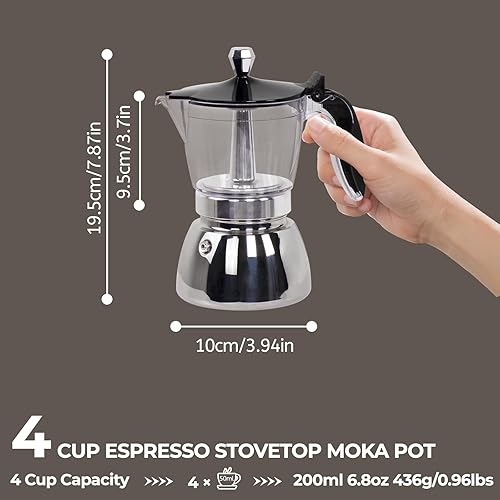 Miniatura 2 de Olla de plástico transparente para 4 tazas, 6.8 fl oz, cafetera de acero inoxidable, sin recubrimiento, cafetera de café expreso, estilo clásico