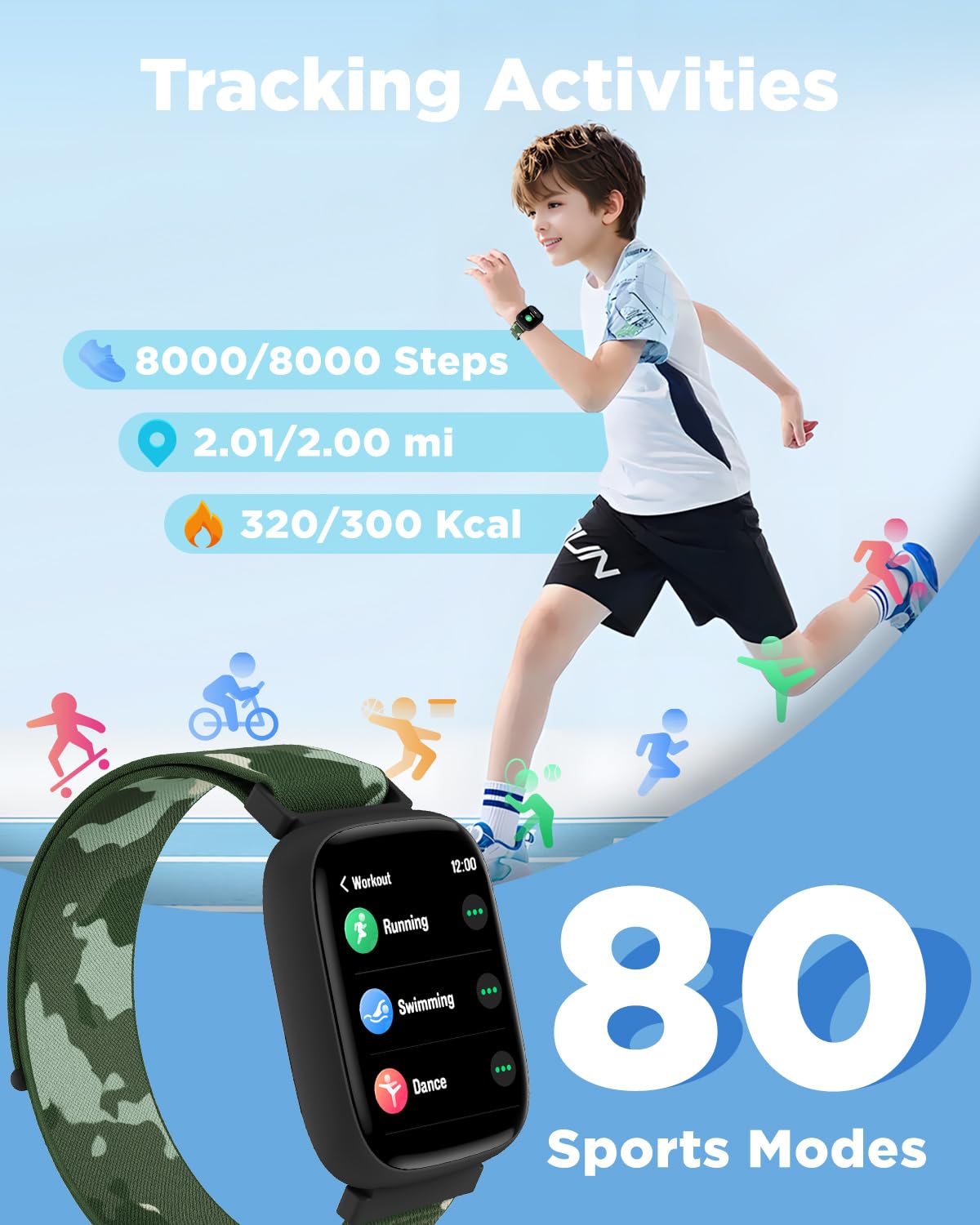 BIGGERFIVE Smartwatch dla dzieci 1,8" krokomierz monitor snu puls 24/7 alarm wibracyjny wodoszczelność IP68 puzzle z aplikacją/bez 5-16
