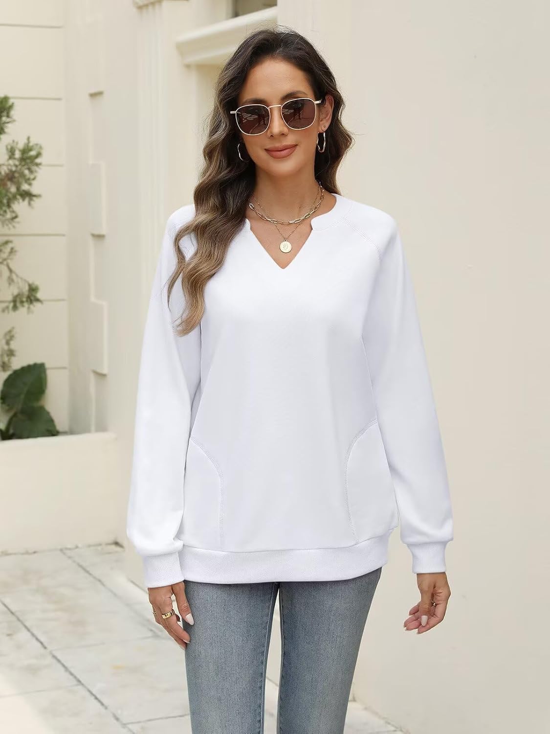 EADINVE Womens Casual Sweatshirts Long Sleeve V Neck Fleece Pullover Side With Pocket Cute Loose Fit Fall Tops 2025 - Image 4