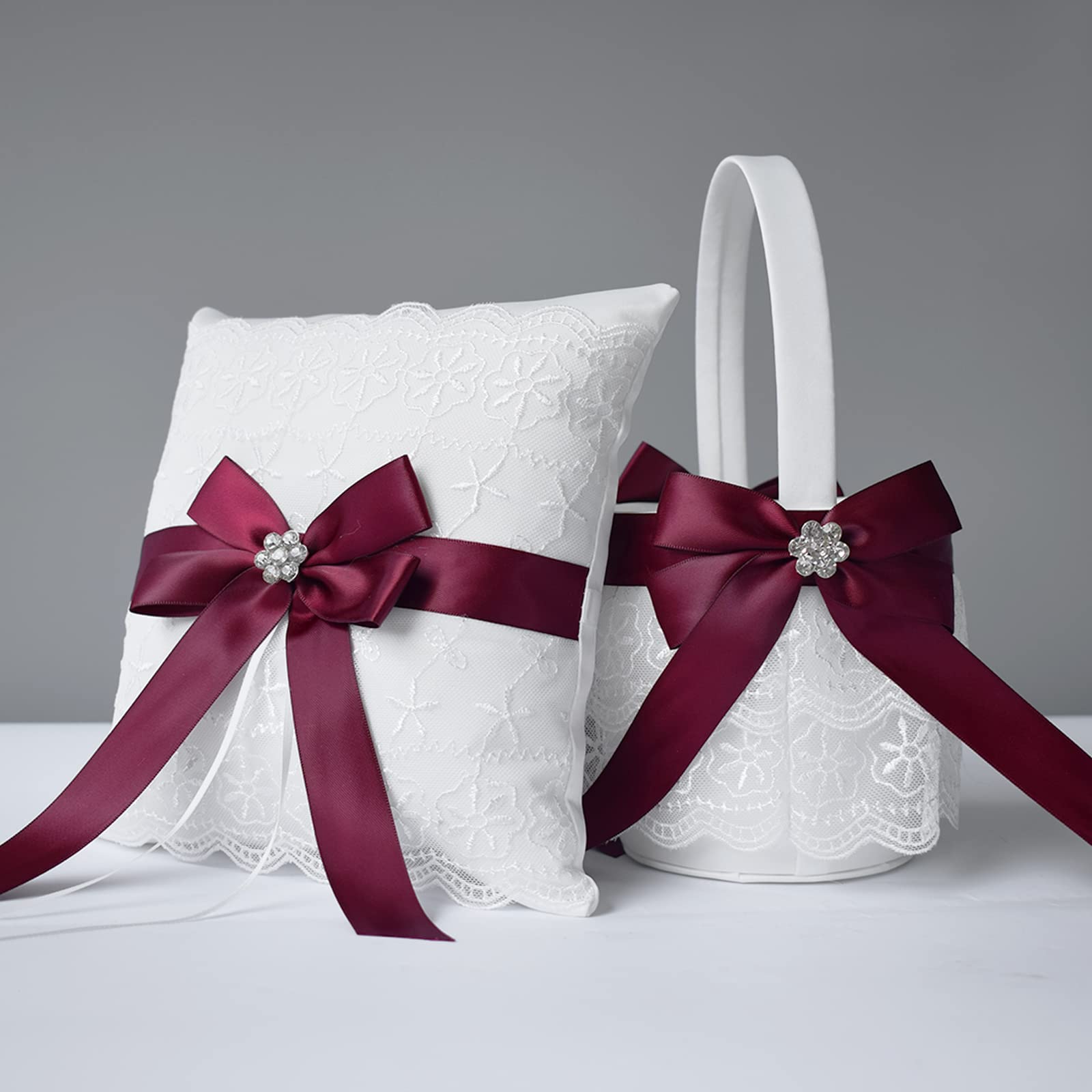 ATAILOVE Ensemble de paniers et coussins pour alliances de demoiselle d'honneur – Double dentelle accentuée motif royal (rouge)