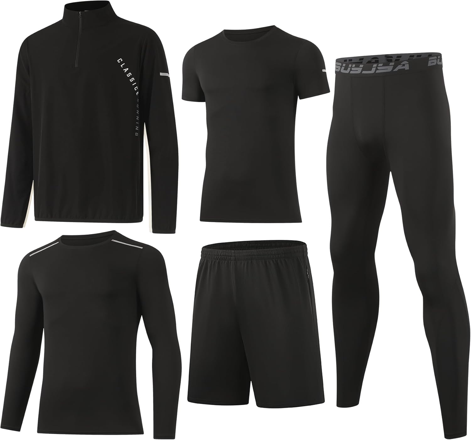 BUYJYA 5Pcs Men's T Shirts Workout Long Sleeve Athletic Zip Pocket Shorts Jackets Compression Pants Gym Clothes