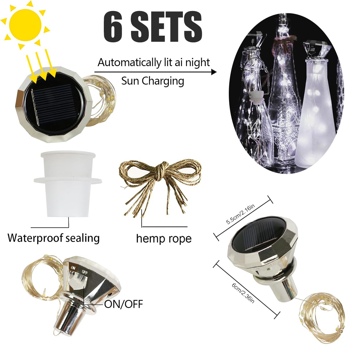 6Pcs Solar Wine Bottle Lights 20 LED Solar Bottle Fairy Light with Cork, 2M Copper Wire Outdoor Waterproof Cork Light for Bottles Auto On/Off Decorative Lamp for Christmas Party Festival (White) - Image 2