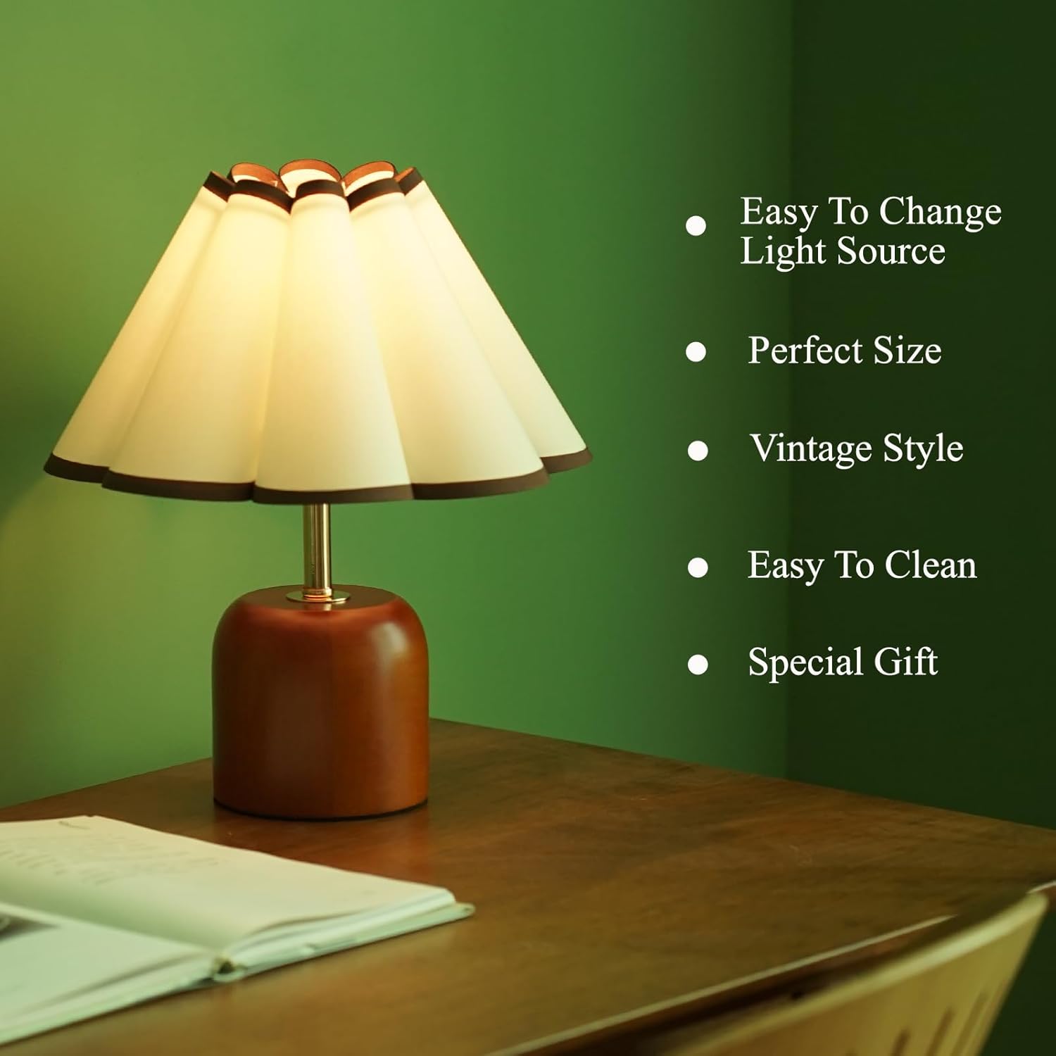 Cute Small Table Lamp, Vintage Mid Century Modern Bedside Nightstand Lamp with Coffee Fabric Lampshade,Solid Wood Base Brown for Bedroom Home Office Decor (Without Buld)