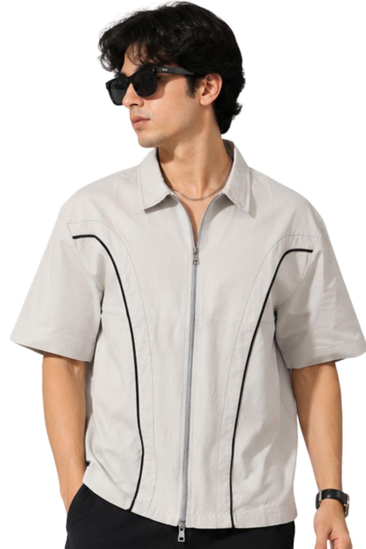 Men's Boxy Fit Cotton Zip Shirt, Half Sleeve Relaxed Fit Casual Shirt with Front Zip Closure, Contrast Piping, Breathable Summer Cotton Oversized Fashion Shirt for Men_M to XXL
