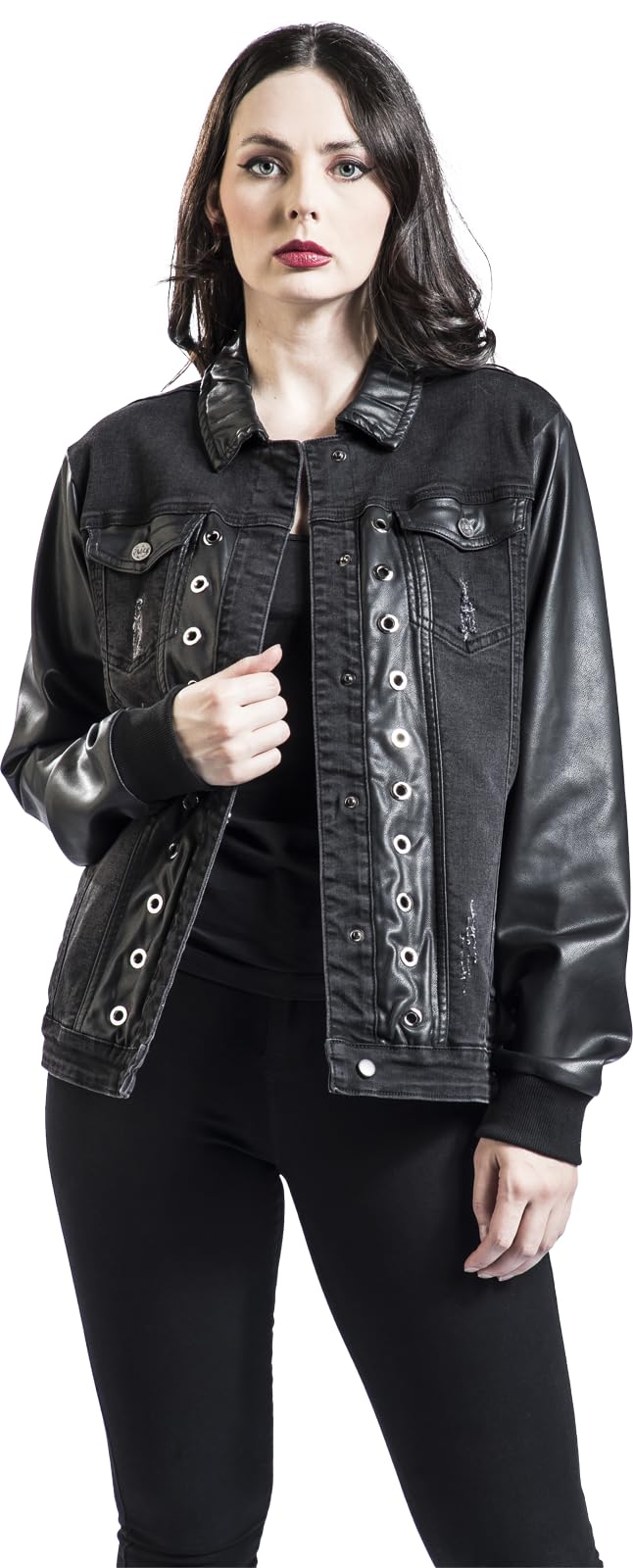 Black Premium by EMP Femme Veste en jean noir avec détails en faux cuir