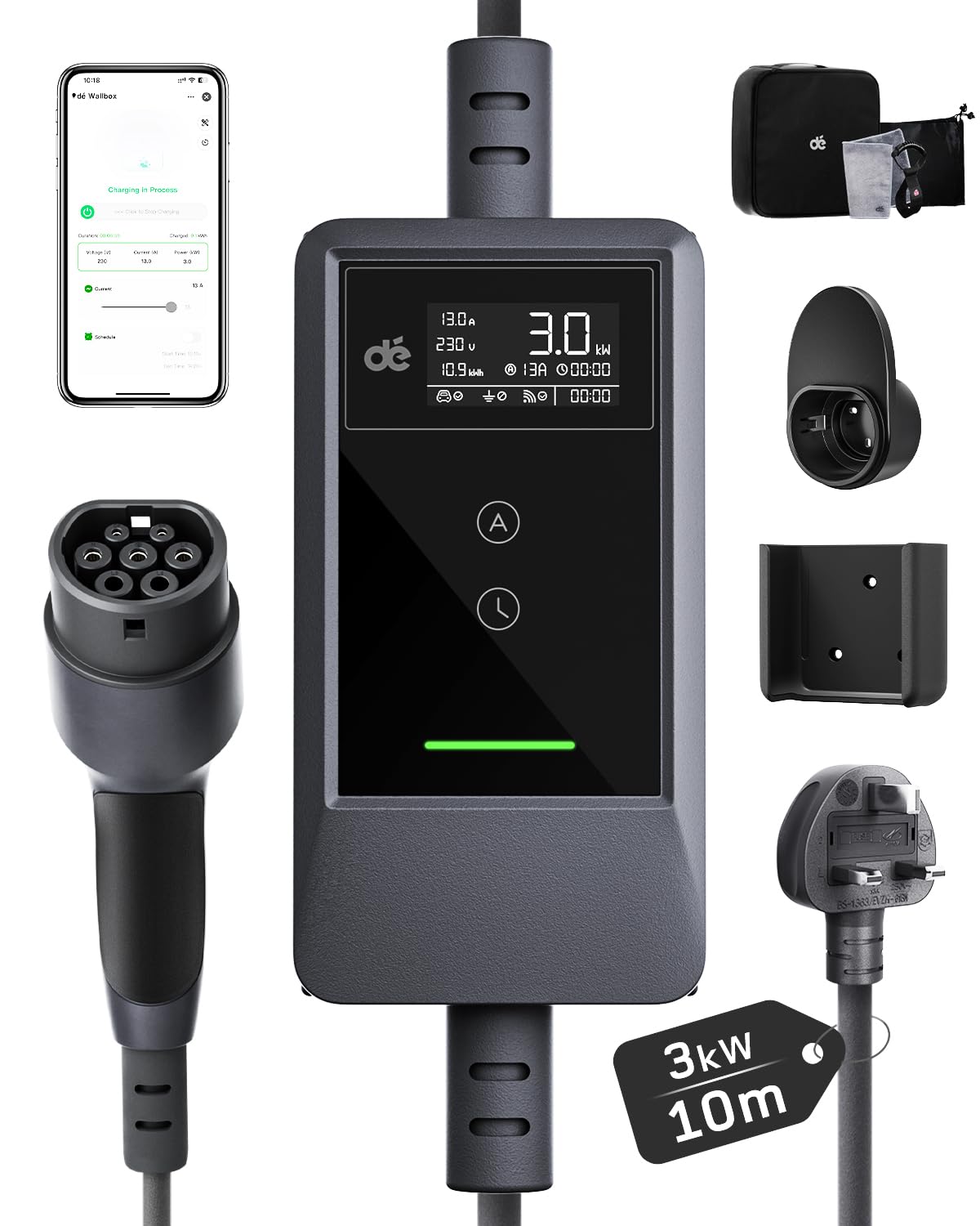 dé EV Charger 3 Pin Plug 10m with App 3kW 6-13A Granny Charger with IP66 & Type