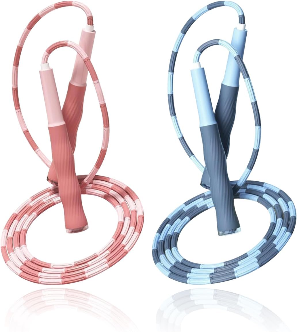 Adjustable Soft Beaded Jump Rope 2-Pack for Kids, Tangle-Free Segmented Skipping Rope with Anti-Slip Handles for Children, Boys, Girls, Women, Men – Pink and Blue