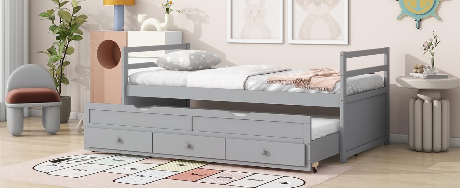 Twin Size Bed with Headboard, Footboard, Trundle and Three Storage Drawers, Twin Size Pine Wood Bed with Headboard, Footboard,Grey