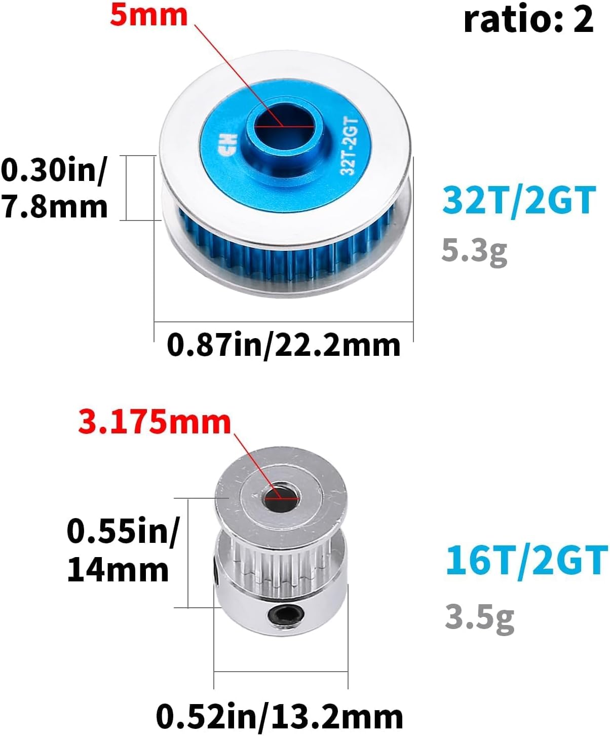 TT02 Belt Drive, RC Car Belt Drive Transmission Gears System, 32T /16T Aluminum Pulley Gear, Metal Spur Gear for Tamiya 1/10 4WD Shaft Drive On Road RC Car TT-02 Blue