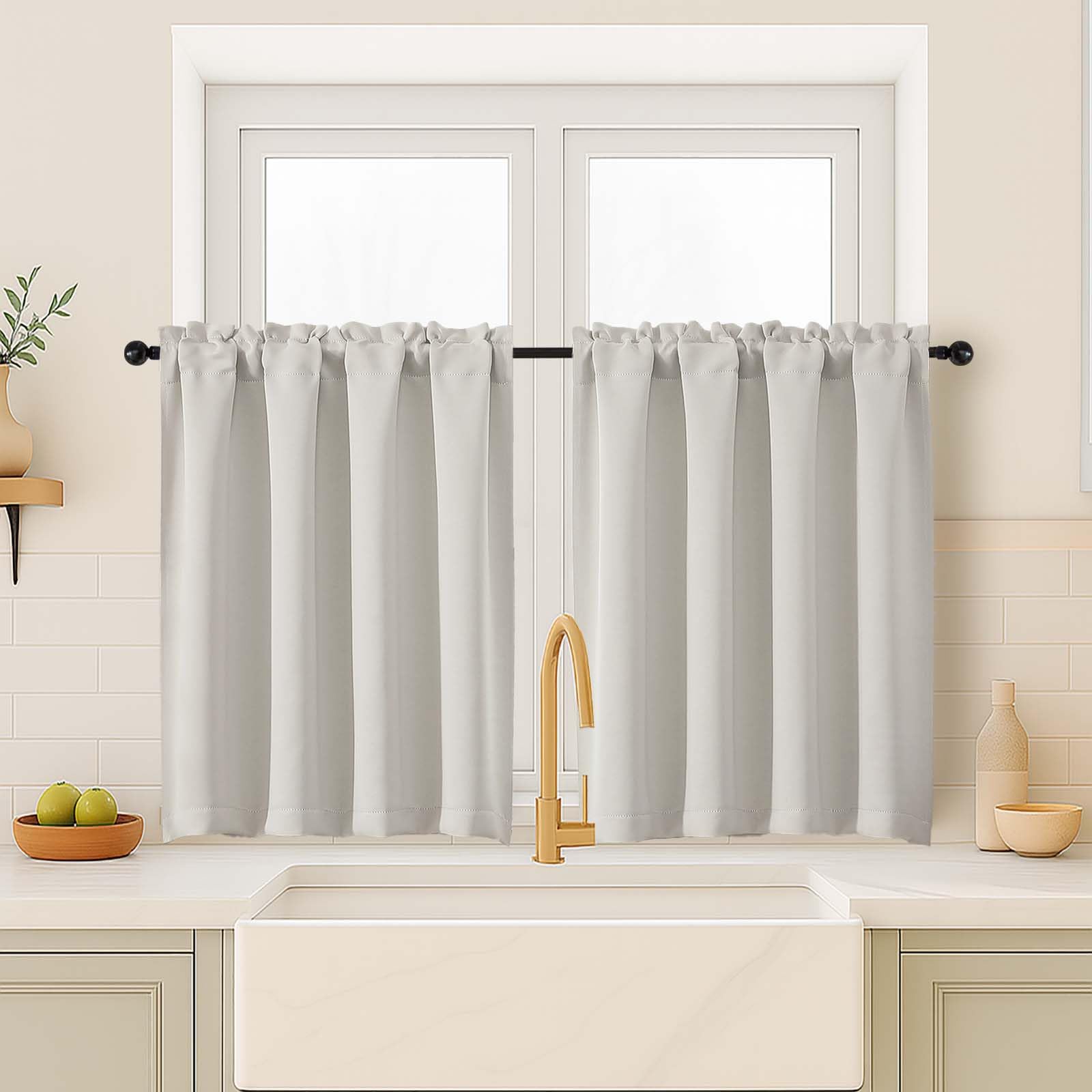 OVZME Natural Curtains for Small Window Treatment, Light Blocking Short Kitchen Window Curtains Over Sink, Dual Rod Pocket Half Window Tiers for Bathroom Basement, Each 40Wx36L, 2 PCS