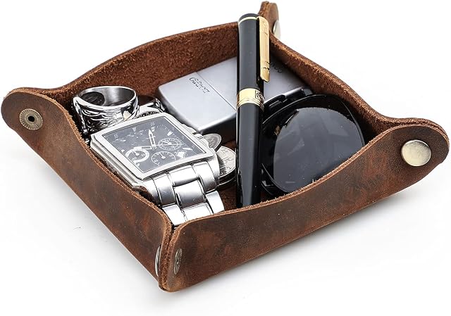 Leather Bedside Organizer Tray,Storage Box Jewelry Catchall for Key Phone Watches Candy Coin Trinket Tray for Home