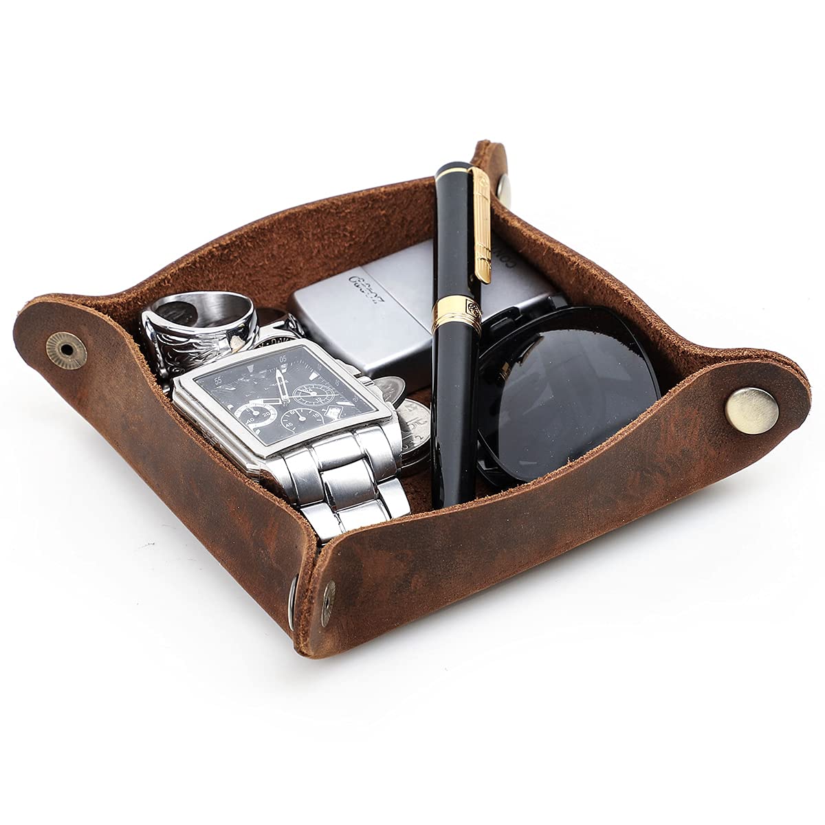 Contacts Coffee Leather Bedside Organizer Tray,Storage Box Jewelry Catchall For Key Phone Watches Candy Coin Trinket Tray For Home