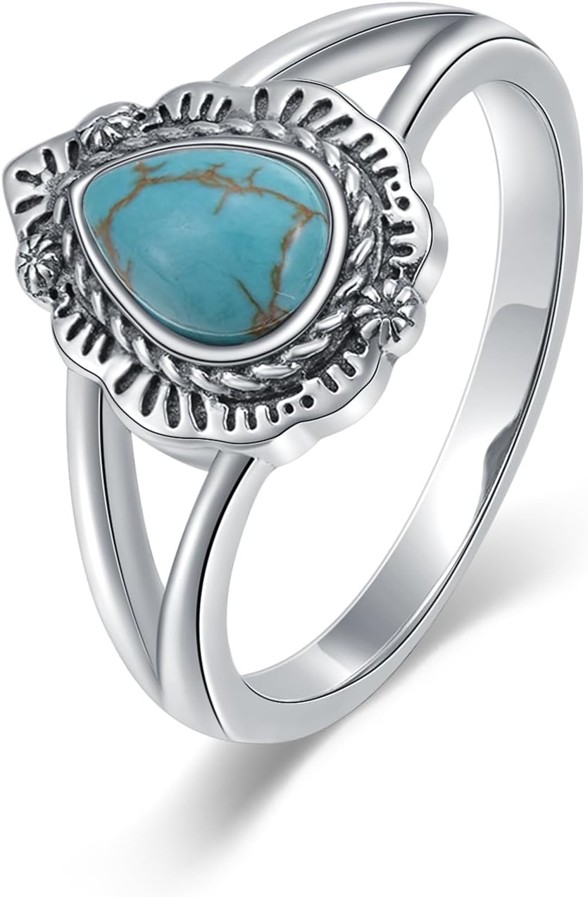 Real Turquoise Rings 925 Sterling Silver Real Turquoise Gemstone Ring Vintage Southwestern Jewelry for Women