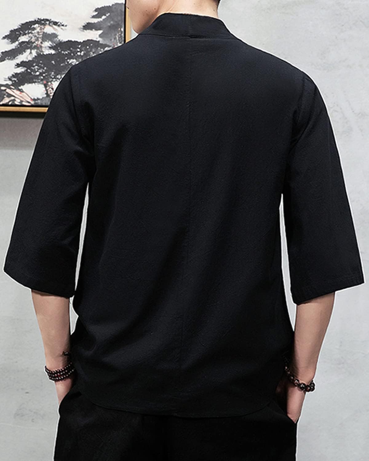 Men's Japanese Kimono Cardigan Loose Cotton Linen 3/4 Sleeve Open Front Casual Summer Shirt Jackets - Image 8