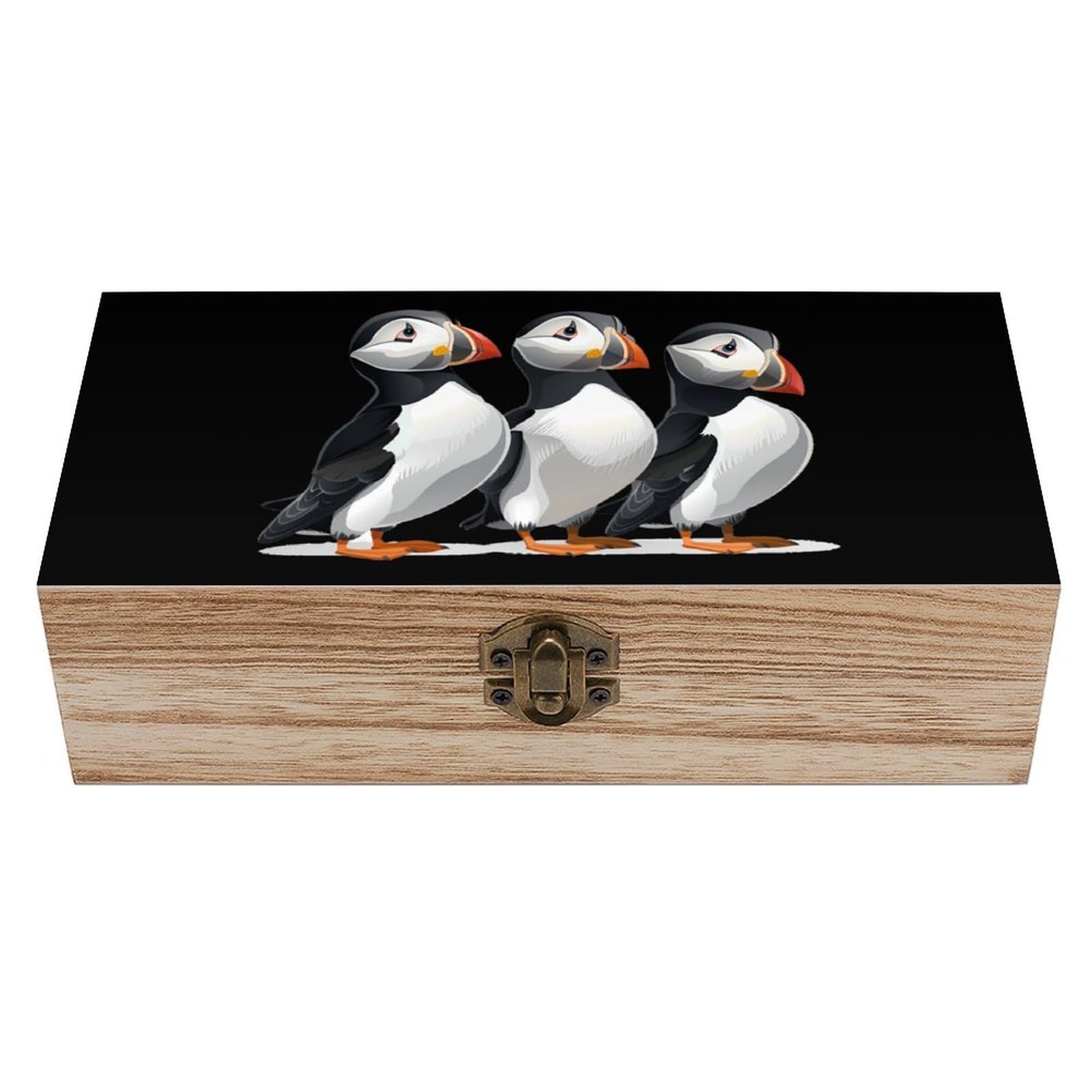 HLBSDM Three Puffins Bird Wooden Box with Hinged Lid Decorative Storage Case Container