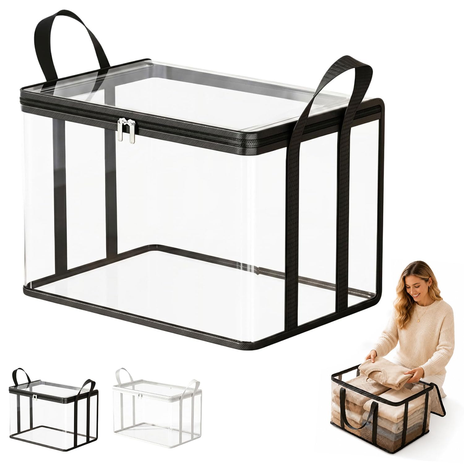 Hawiat 2026 New Large Clear Thick Plastic Storage Box with Hinged Lid, Clear Storage Box Heavy Duty Stackable Organizer for Clothes Camping Moving Attic (black)