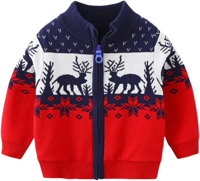 Toddler Boys Christmas Patterned Full-Zip Knit Sweater Kids Knitted Cardigan Winter Long Sleeve Outfits Top