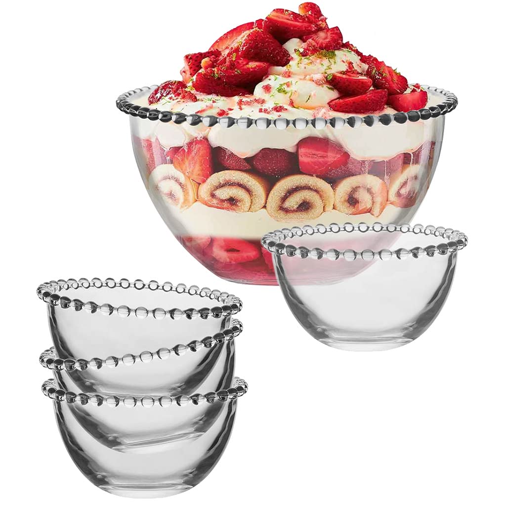 Dibor Large Glass Bowl Set Trifle Serving Bowl & Set of 4 Dessert Bowls