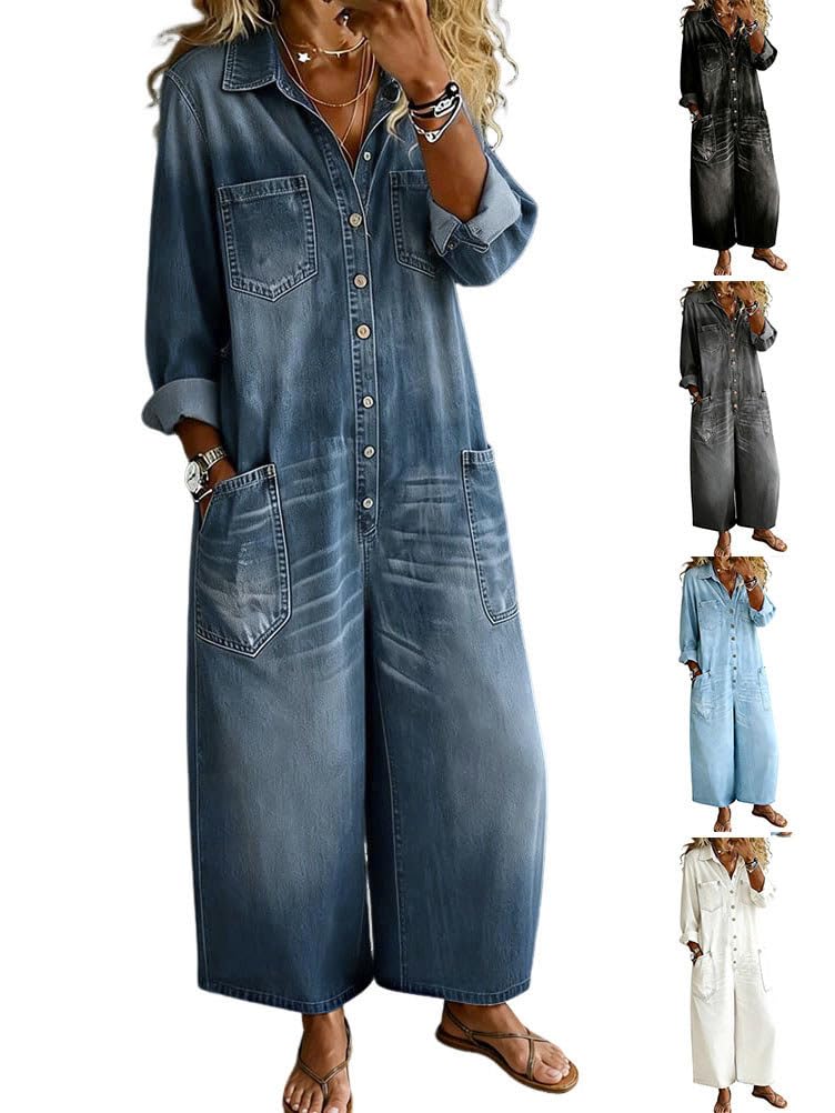 ORANDESIGNE Combinaison Chemise en Jean Femme Manche Longue Y2K Combinaison Denim Jumpsuit Baggy Jeans Décontractée