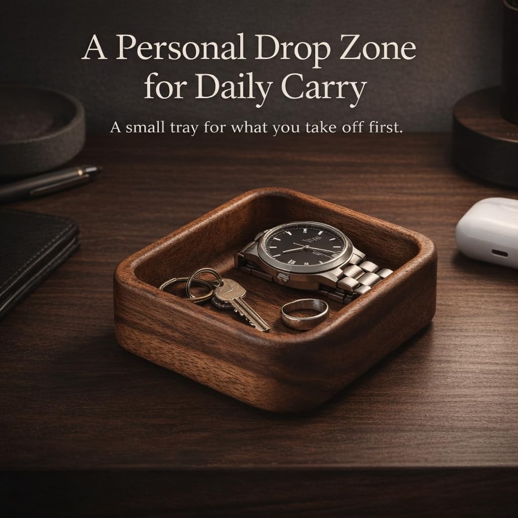 Walnut Wood Ring Tray 3.86 Inch, Mini Valet Tray for Daily Carry, Solid Wood Drop Zone for Keys Watch Jewelry, Bedside Desk Entryway Catchall image 3