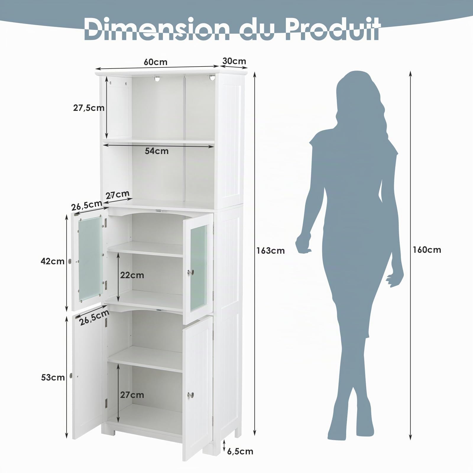 GOPLUS Meuble de Rangement pour Salle de Bain avec 3 Parties, Rangement 6 Niveaux avec 2 Étagères Ouvertes et 2 Compartiments, Portes en Verre Transparent et Poignées Métalliques, Gris