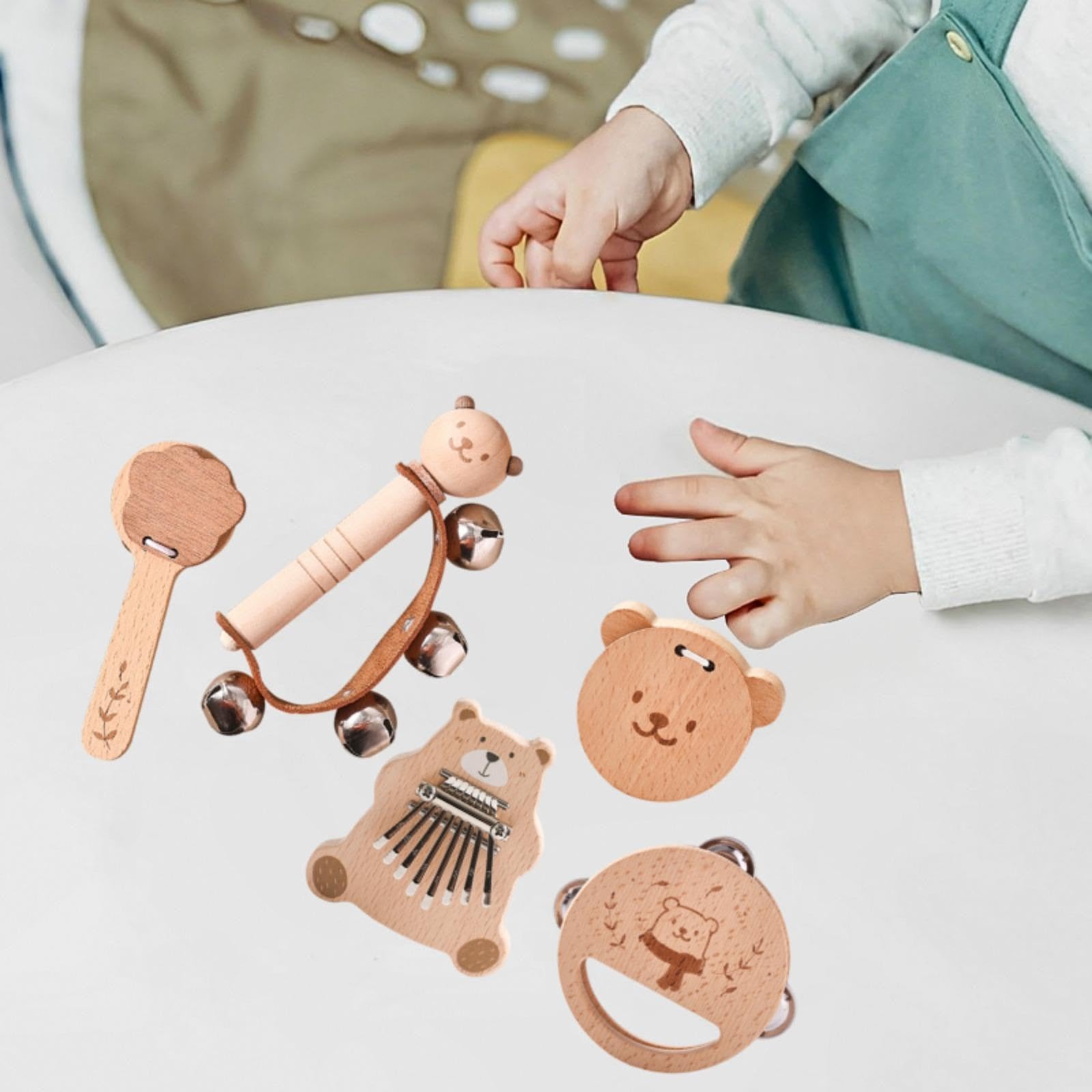 Generic Hölzerne Rassel Set Rassel Spielzeug Bildung Handaugenkoordination Hand Rasseln Glocke Percussion Instrumente für Boy Girl Geschenk, 5 Stück