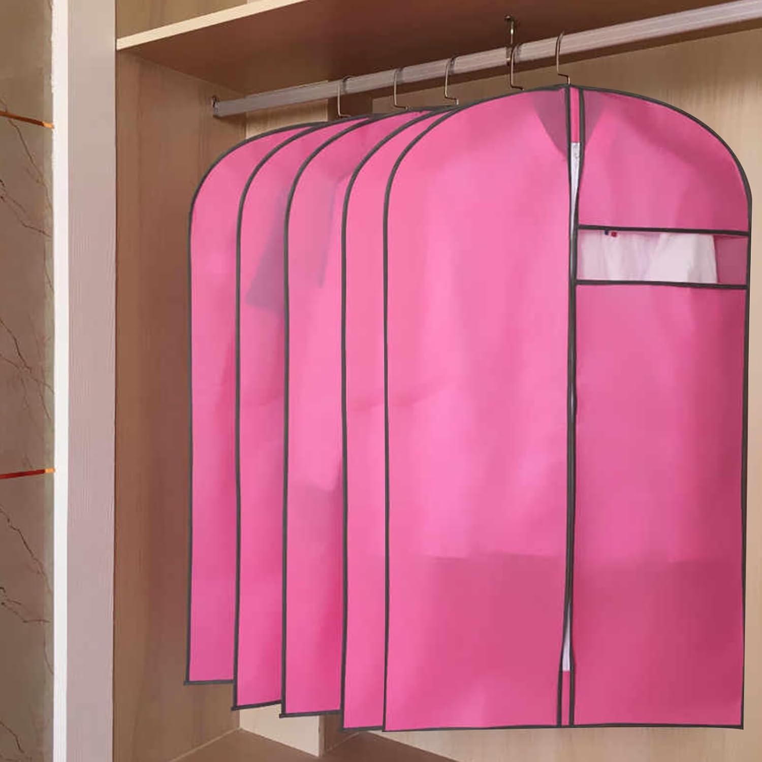 Set of 5 Garment Bags for Hanging Clothes，Suit Bags，Non-Woven Fabrics Garment Covers with Zipper，Hanging Clothes Cover Dress Bag for Suits, Coats Closet(Pink,60x105 cm/24x41 in)