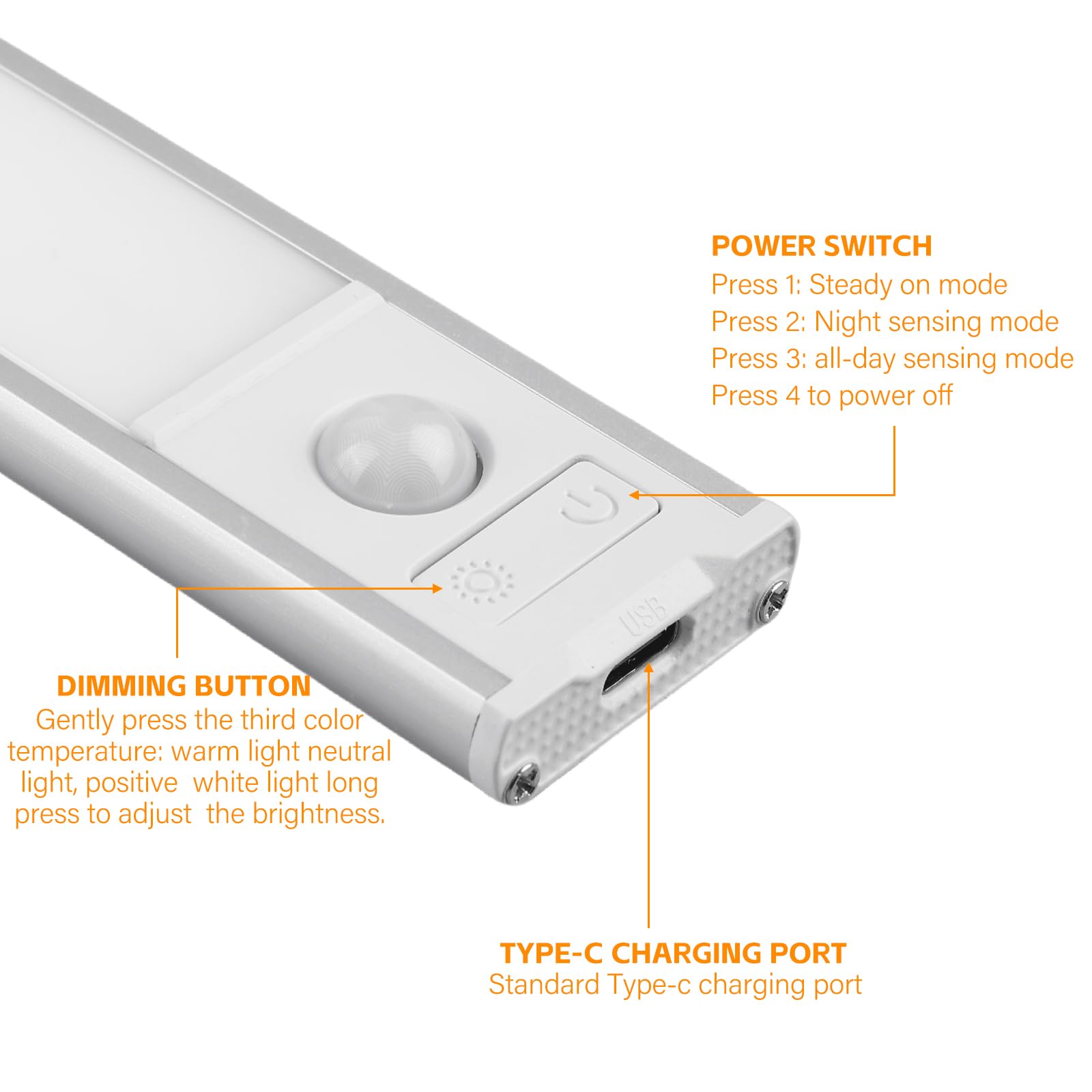 4 pezzi di illuminazione per armadio a LED con sensore di movimento, barra luminosa da 20 cm senza fili con batteria ricaricabile USB, telecomando, luce per armadio dimmerabile, illuminazione da