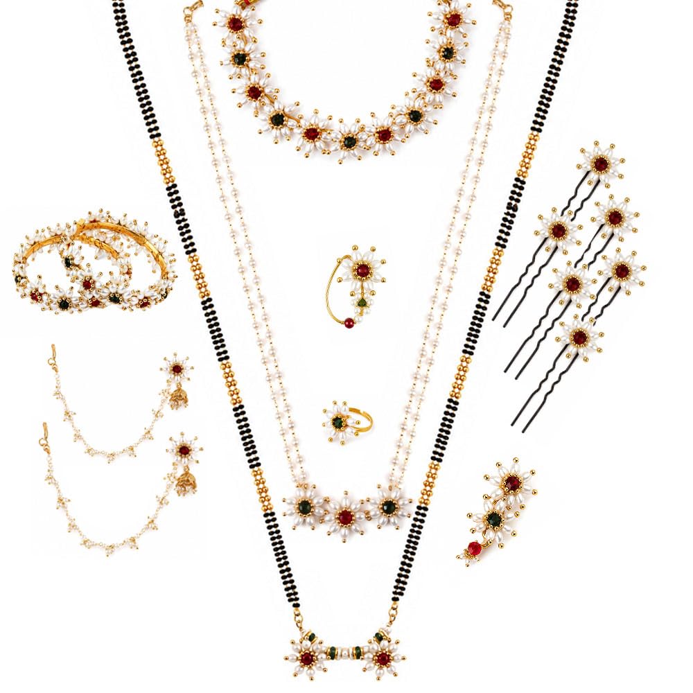 Jewellery Designer Maharashtrian theme Parijat / Mogra necklace/ white pearl and Red & Green stone stud/ combo jewellery set Short / long necklace / Nath / Earring with Kaan chain / saree pin/ finger ring / bangles | 6 pins Hair Brooch and Mangal sutra for women & Girls.-image-40