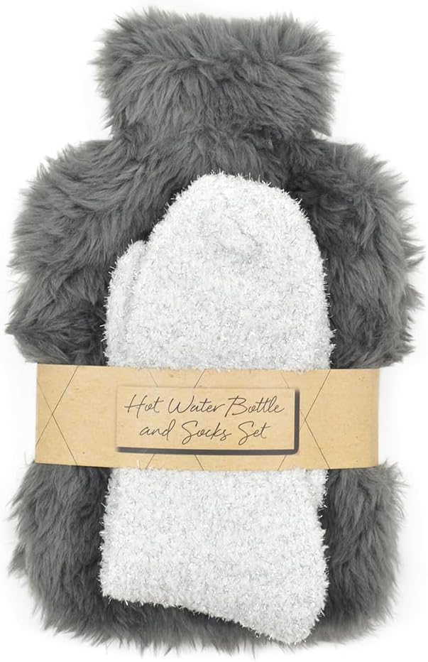 Faux Fur Hot Water Bottle and Sock Gift Set Grey Amazon.co.uk