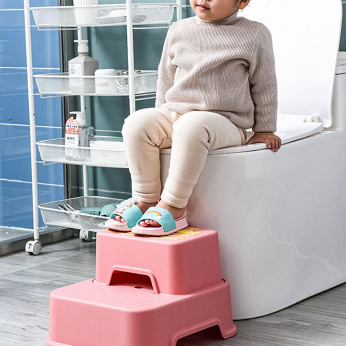 ibasenice Taburete Infantil Antideslizante, Reposapiés, Estructura Desmontable, PP y TPE, Rosa, Ayuda para Subir, para Pequeños, Lavado de Manos y Cocina