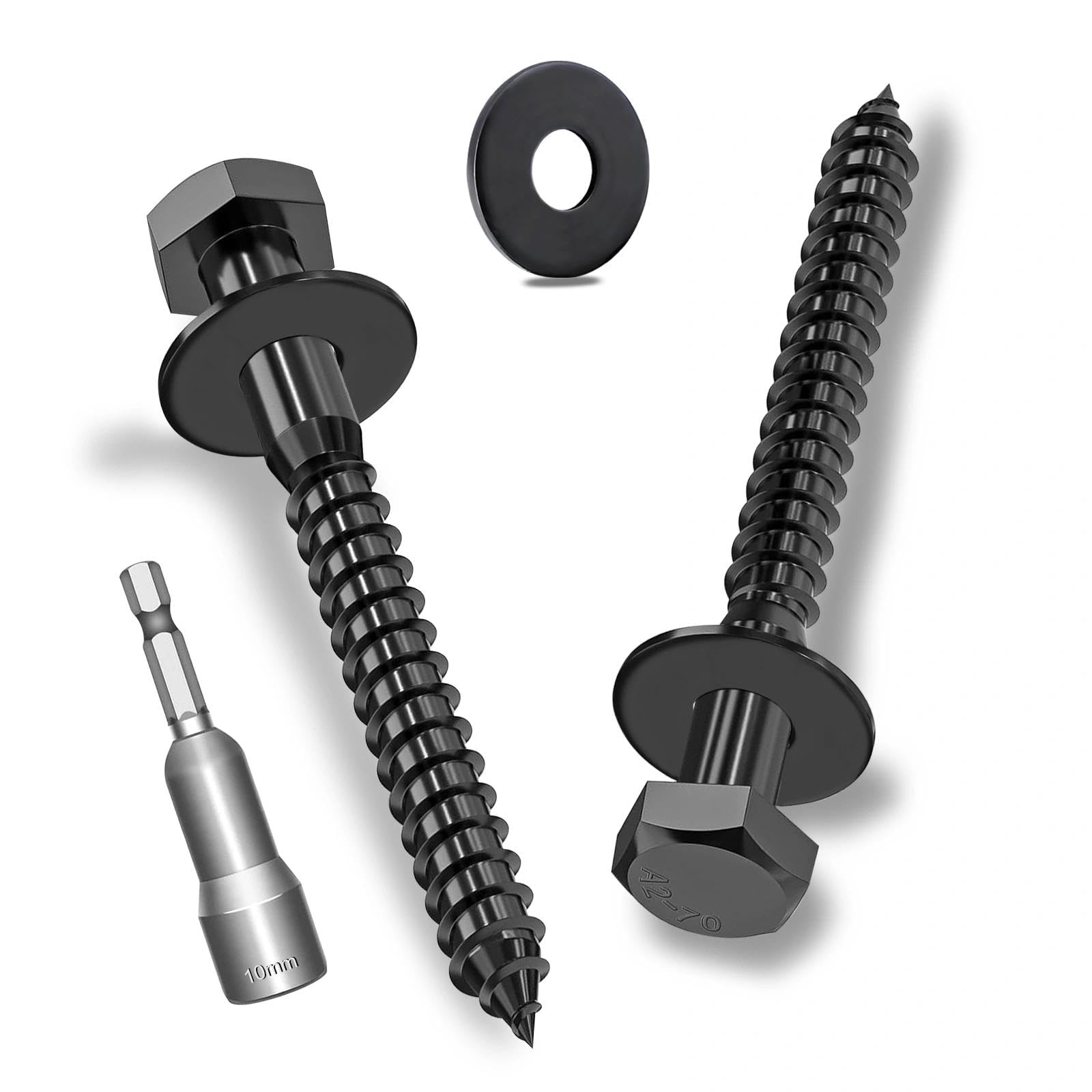 Ezitruz 15Pcs M6x75mm Coach Screws, Heavy Duty Lag Bolts, Hex Head Wood Screws 75mm, 304 Stainless Steel with Black Zinc Plating, Kit with Washers and Hex Socket Drill Bit