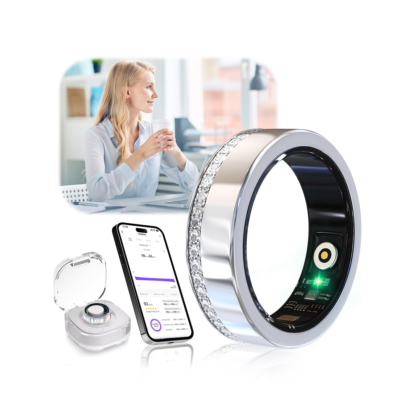 Smart Ring 10. Gen Diamant 【IP68 Wasserdicht-0 Messfehler】with Heart Rate, Sleep Monitor，mit Android und iOS(Silber 7#)