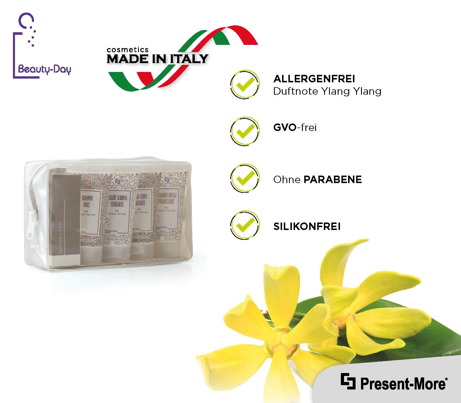 Present-More Amenities Kit Beauty-Day Italy - Welcome Gift Toilettenartikel 24 Gäste für Hotels und B&B | Allergenfreie Amenities Kit mit Duftnote Ylang Ylang