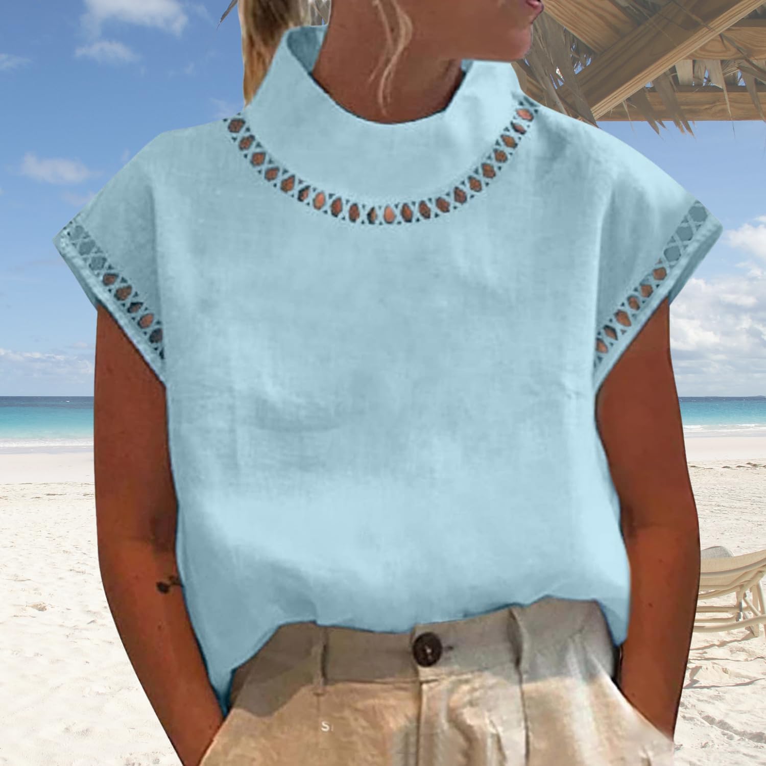 Bengbobar Women's Cotton Linen Blouse Shirt Short Sleeves Mock Neck Casual Loose Tunic Top for Summer - Image 3