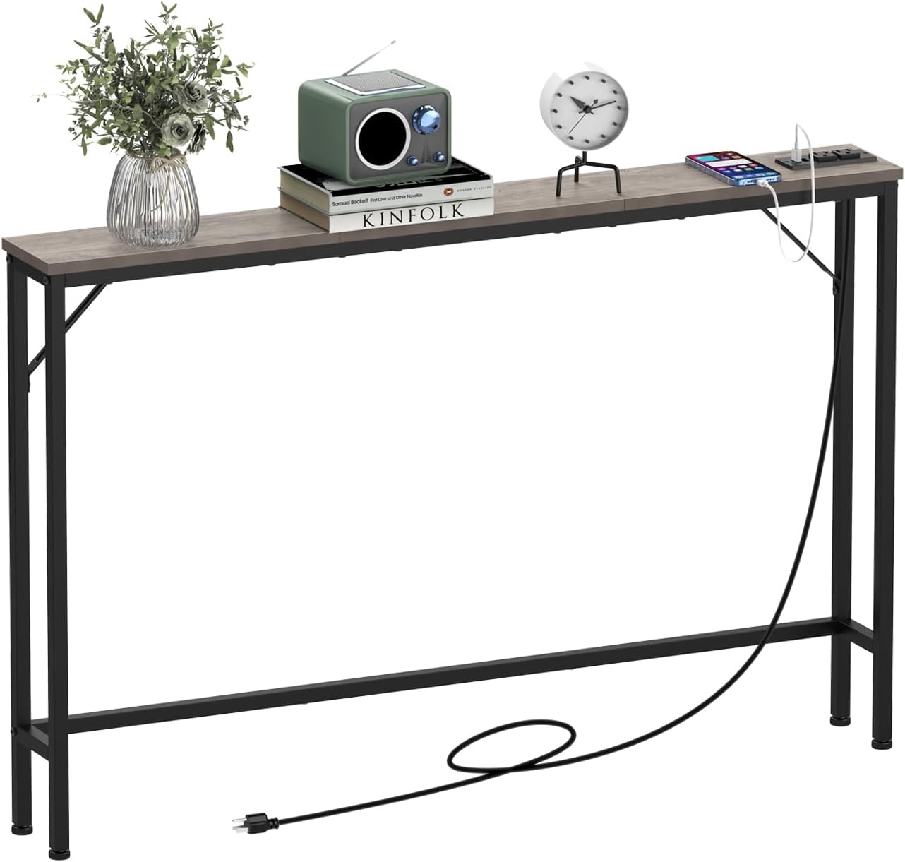 Tohomeor 5.9" Skinny Behind Sofa Console Table with Charging Station 47.2" Narrow Long Behind Couch Table with Power Outlets USB Ports Thin Entry Table for Entryway Living Room Hallway Retro Grey