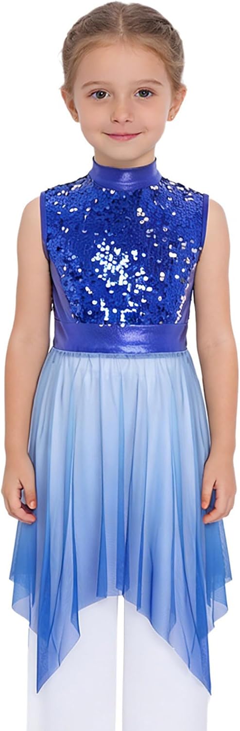 Jugaoge Kids Girls Sequins Gradient Liturgical Praise Dance Tunic Irregular Hem Church Worship Overlays Lyrical Dance Dress