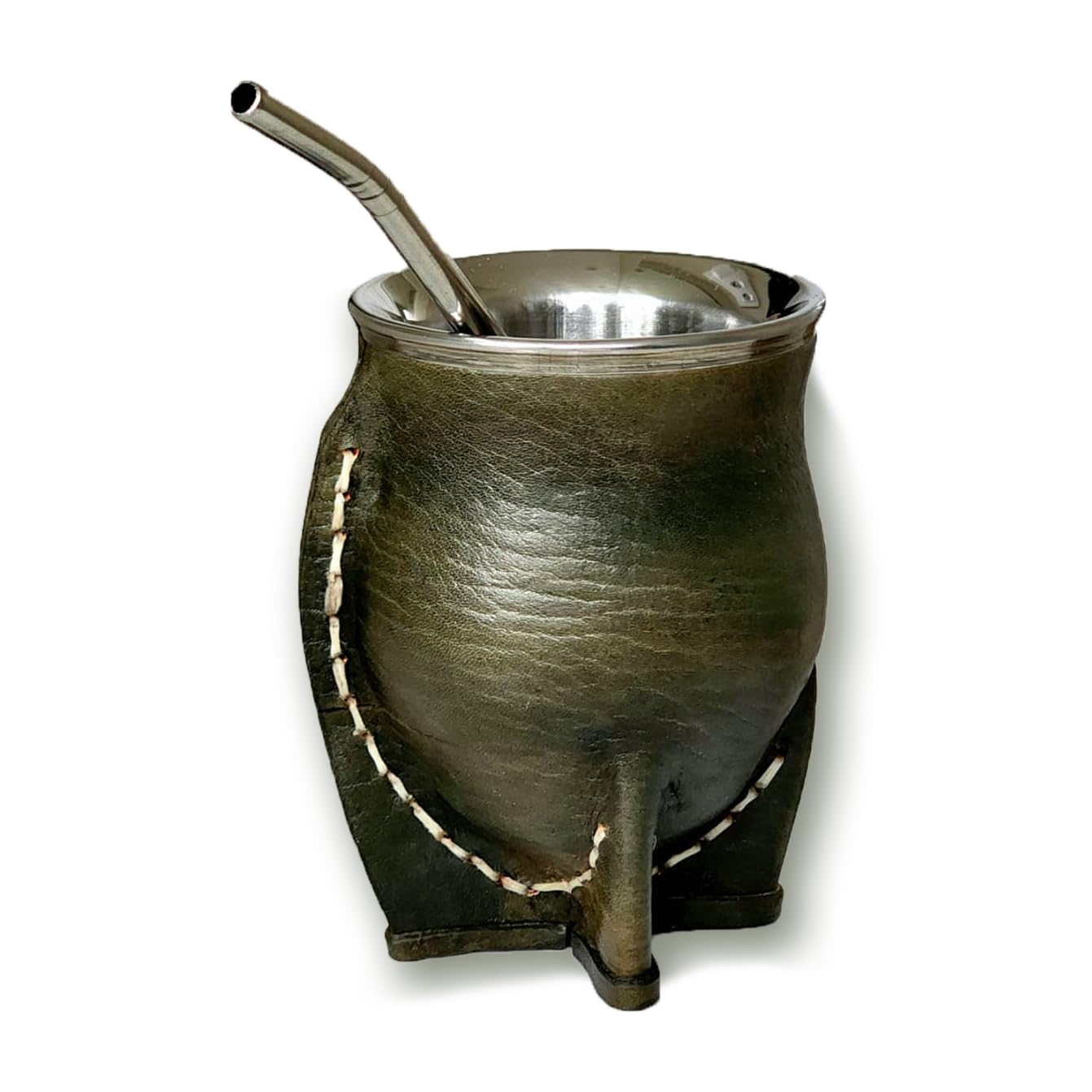 Tazza opaca argentina tradizionale, opaca termica, in acciaio inox, doppia parete, con esterno in pelle verde militare, Yerba Mate Cup, con lampadina