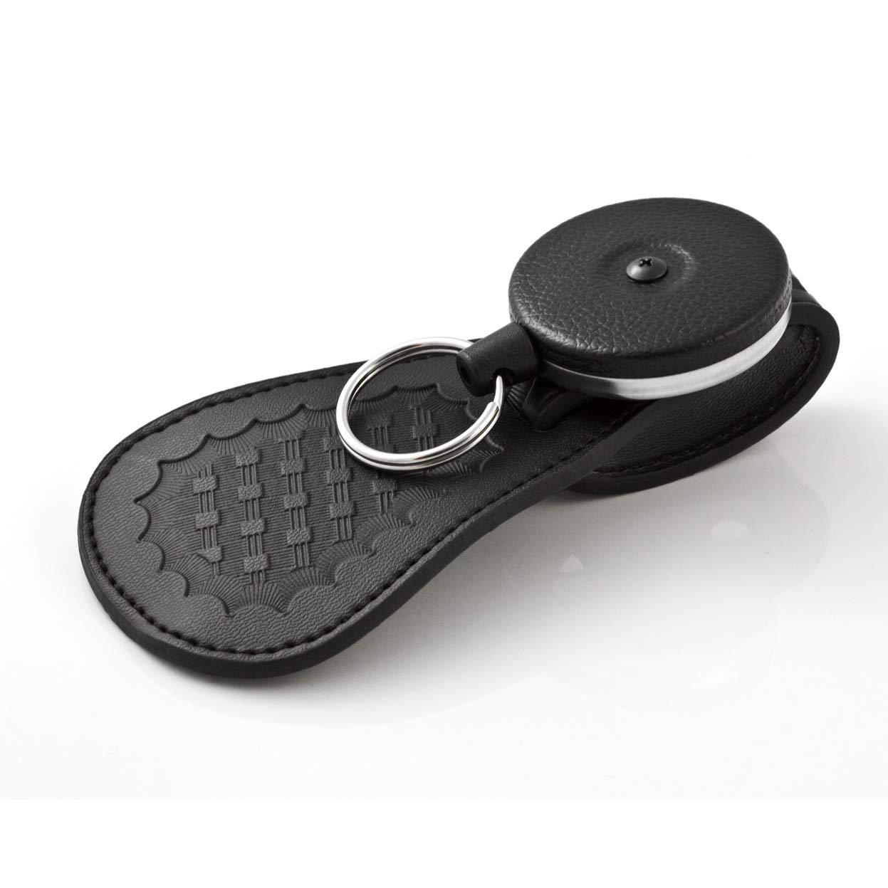 KEY-BAK 0481-827 DUTY-GEAR Uniform Protector with 48" Kevlar Cord, Black Leather Basket-Weave Silencer with 2.25" Leather Belt Loop, 8 oz. Retraction, Split Ring