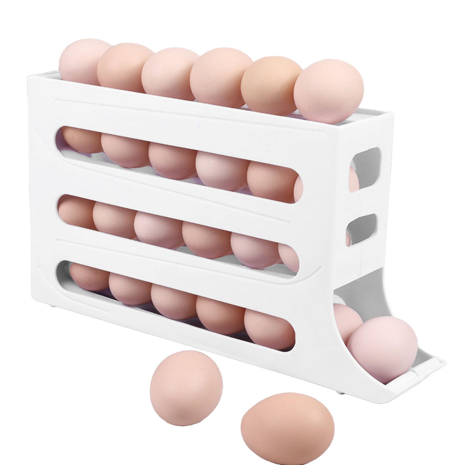 Efficient Egg Organizer: Four-Tier Refrigerator Egg Holder with Automatic Rolling Rack & Space-Saving Design for Kitchen and Beyond - Large Capacity, Versatile Egg Storage Solution (White)