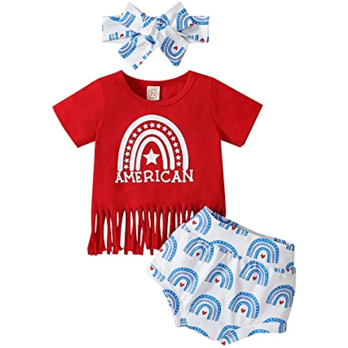 Baby Girl 4th of July Outfit Rainbow Tassels Shirt Top+ American Flag Print Shorts Pant&Newborn Summer Clothing Set (Red American,0-3 Months)