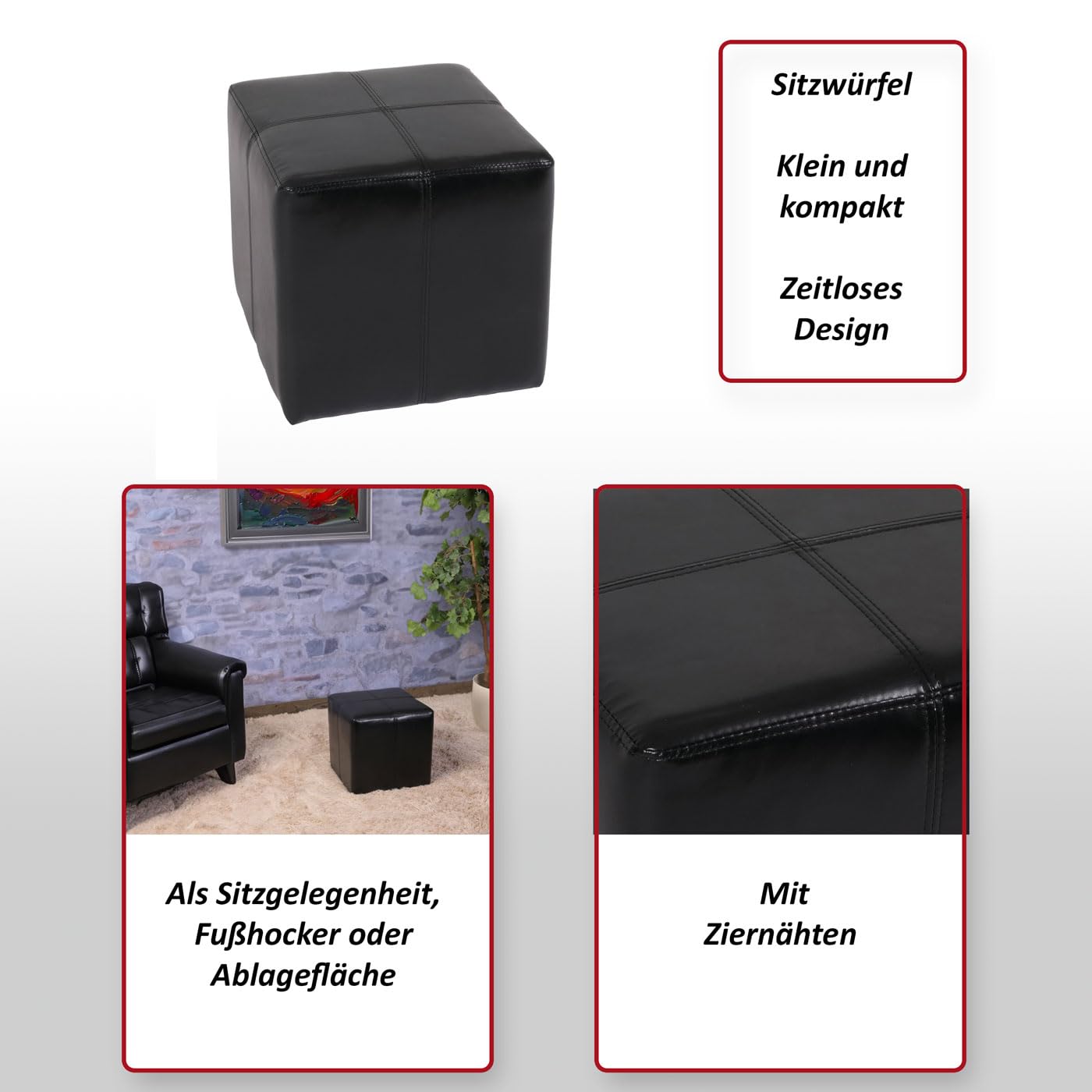 Mendler Sitzwürfel Hocker Sitzhocker Onex 36x36x36cm - schwarz