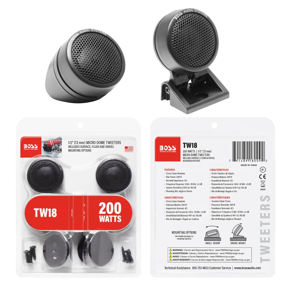 Kit Set para Boss Audio Systems TW18 TW 18, 2 tweeters de 3,7 cm, 37 mm de diámetro, 100 vatios rms 200 vatios máx., 4 ohmios, 1,2 cm de Profundidad, para Coches, en Pares