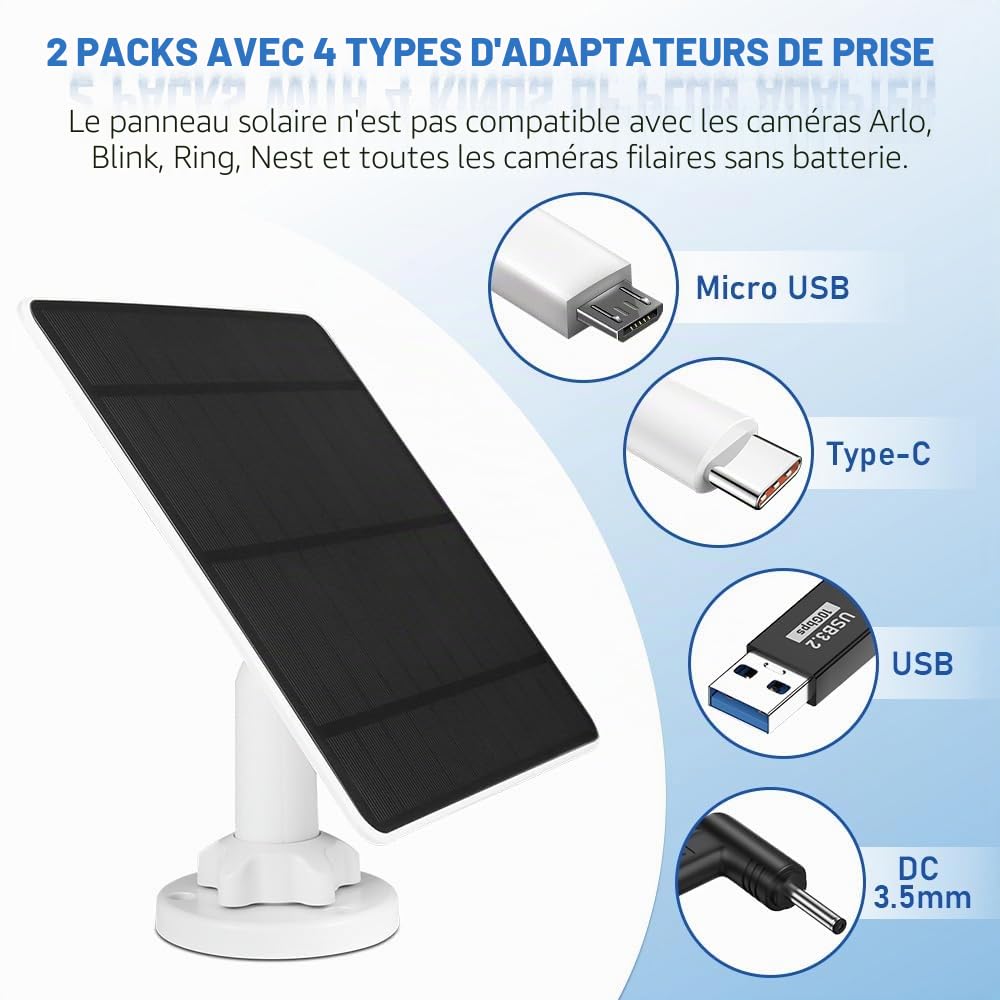 Lot de 2 Panneau Solaire 5W pour Caméra de Sécurité, Panneaux Solaires pour Caméra WYZE Battery Cam Pro, caméra Eufy et caméra Arlo Essential Spotlight/XL Spotlight, avec port Micro USB, DC, Type-C,