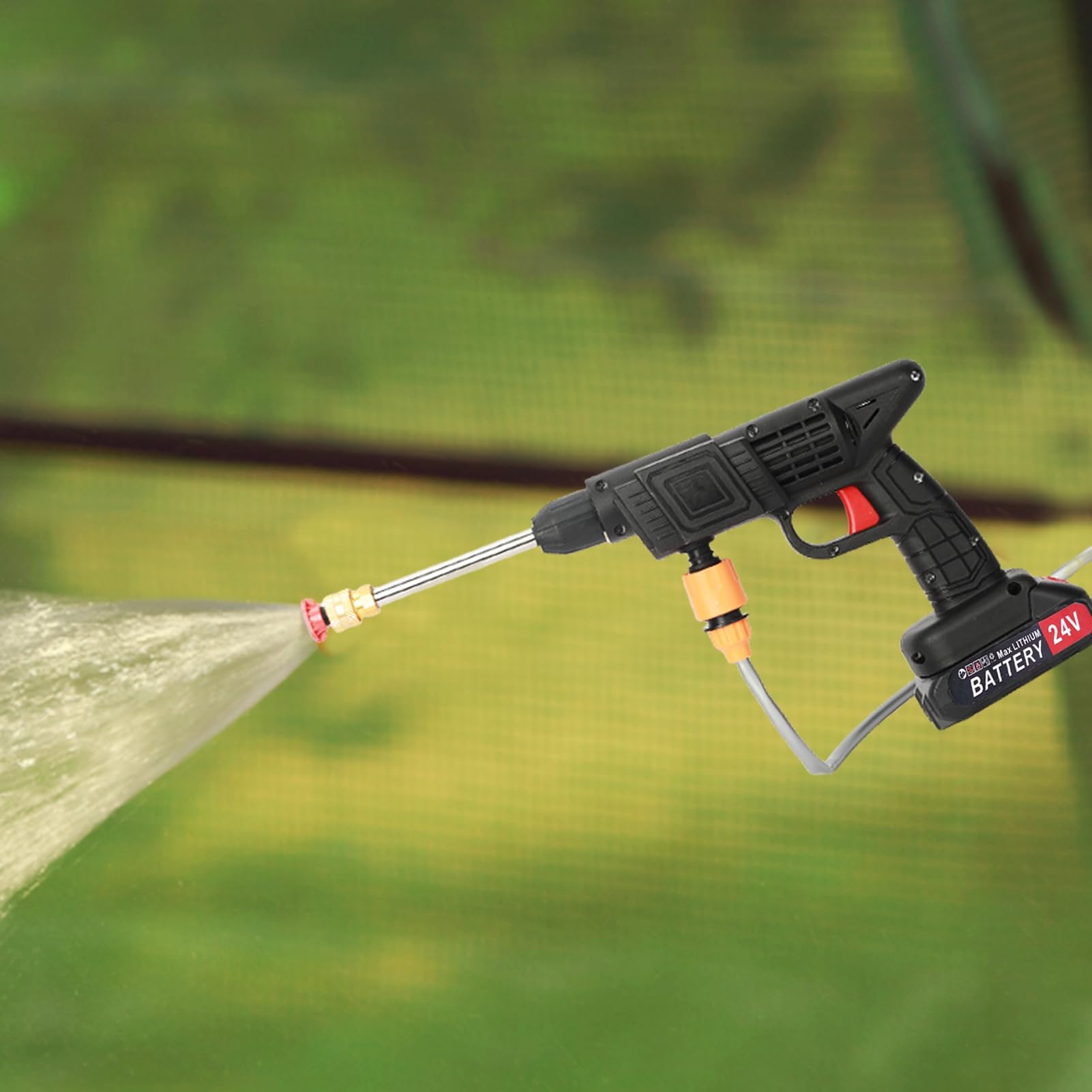 Przenośna myjka ciśnieniowa z wężem 5 m, bezprzewodowa myjka wysokociśnieniowa 24 V do czyszczenia samochodu i na zewnątrz, przepływ 240 l/h, prąd 200 W, środek do czyszczenia akumulatorów