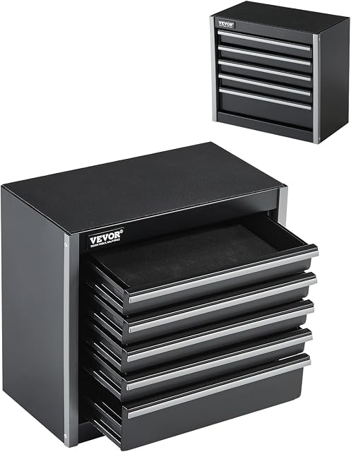 VEVOR Metal Tool Box, 8.6-inch, Portable Metal Tool Box with 5 Drawers, Small Tool Chest with EVA Liners and PP Feet Pads, Heavy-Duty Steel With Ball Bearing Opening and Powder Coated Finish, Black
