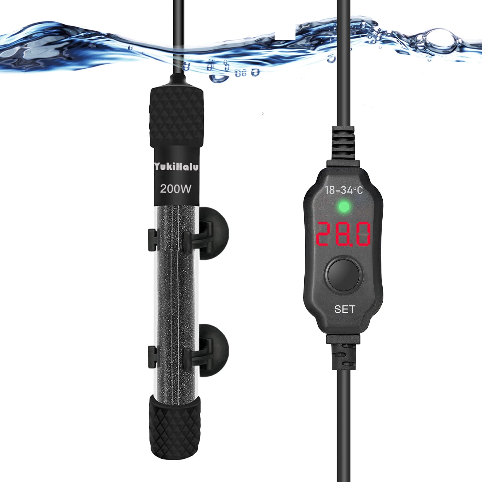 YukiHalu Mini Calentador de Acuario, 25W 50W 100W 200W con Termómetro Integrado, Controlador de Temperatura Externo, Utilizado para Acuarios de 1 a 150 Litros (200 watt)