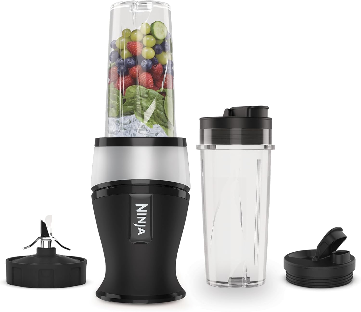 Ninja Batidora delgada de 700 W y batidora, 2 vasos de 470 ml con tapas de boquilla, licuadora personal, hielo triturado y fruta congelada, plata/negro QB3001UKS