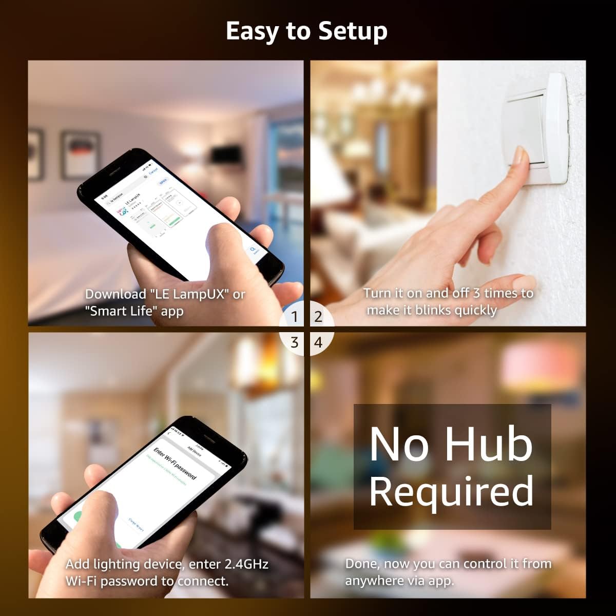 Four panel image showing app download, power cycling, adding device, and Wi-Fi connection steps for smart light setup