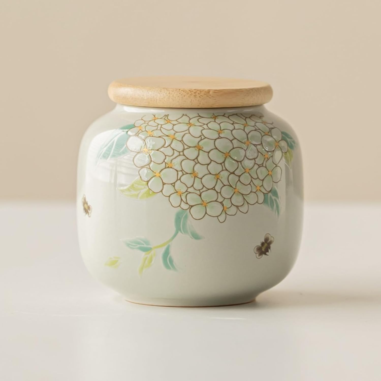 Hand-drawn Hydrangea Ceramics Tea Canister, 200ml 6.8oz, Household Tea Storage Jar Portable Storage Canister